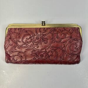 HOBO Lauren Bifold Clutch Wallet Pink Fuschia Embroidered Distressed Leather